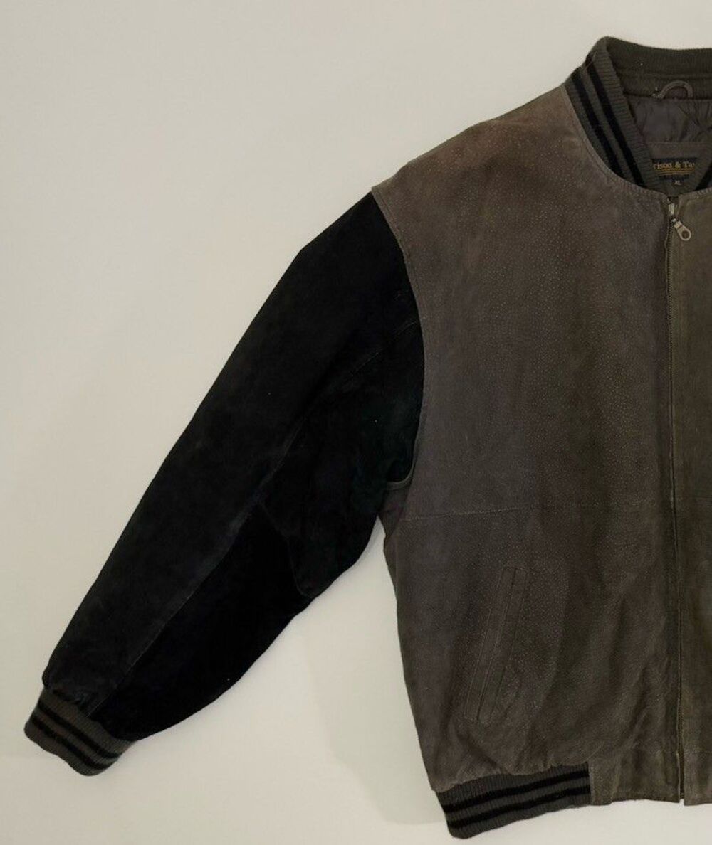 VTG Harrison & Taylor Suede Leather XL Brown Black Bomber Jacket 90s Nostalgia - Picture 10 of 11